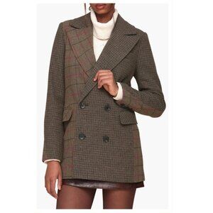 AVEC LES FILLES Patchwork Double Breasted Blazer In Olive Plaid Mix Size 2XS